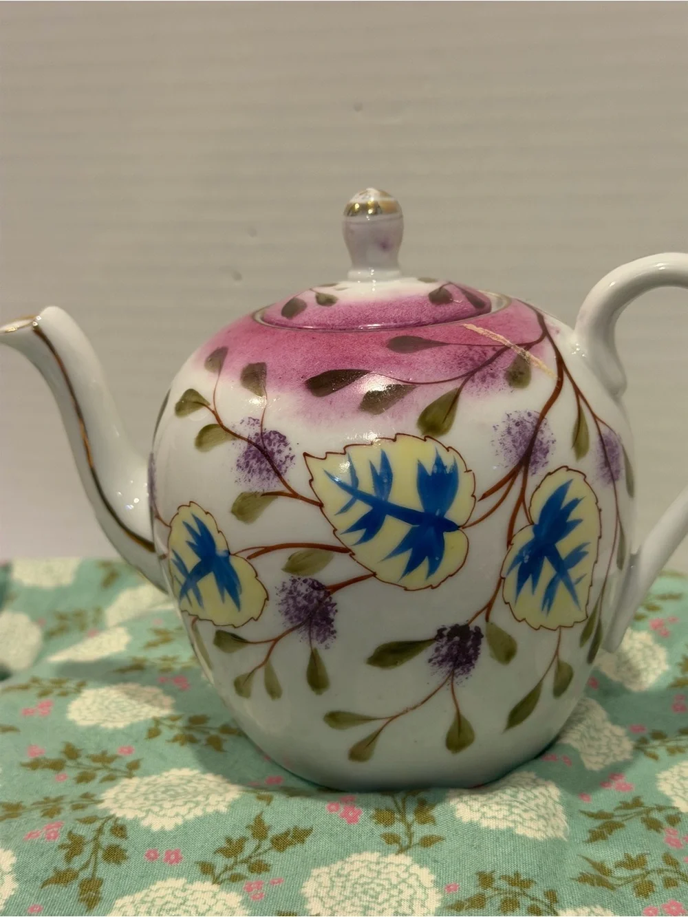 Vintage Hand Painted Porcelain  3 Pc Tea Set Tea Pot Lidded Sugar And Creamer.